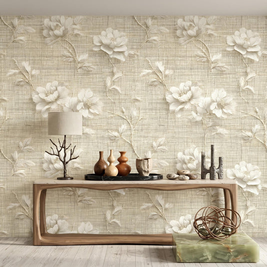 3D Floral Wallpaper Linen Texture Look, Neutral Beige Flower Wall Mural, Vintage Peony Removable Peel and Stick Wallpaper-WP0093