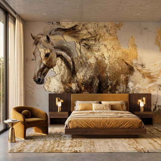 Abstract Horse Wallpaper, Textured Gold Wall Mural, Neutral Animal Wall Art, Peel and Stick Equestrian Decor for Living Room-WP0127