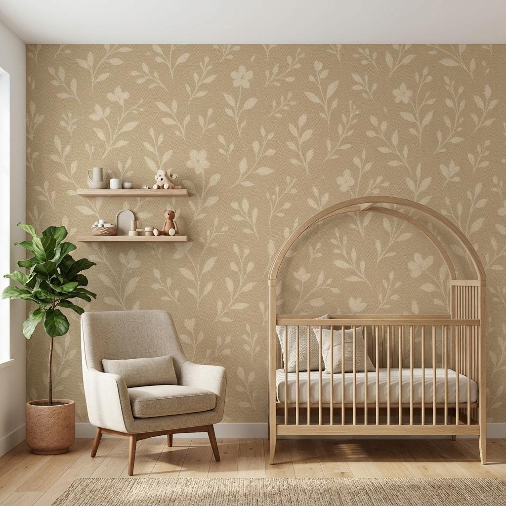 Minimalist Ochre Floral Wallpaper, Linen Texture Peel and Stick Botanical Decor for Boho Nursery-WP0191