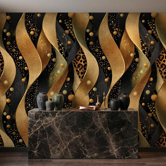 Abstract Gold Leopard Wave Wallpaper, Modern Art Deco Wall Mural, Textured Glam Home Decor-WP0228
