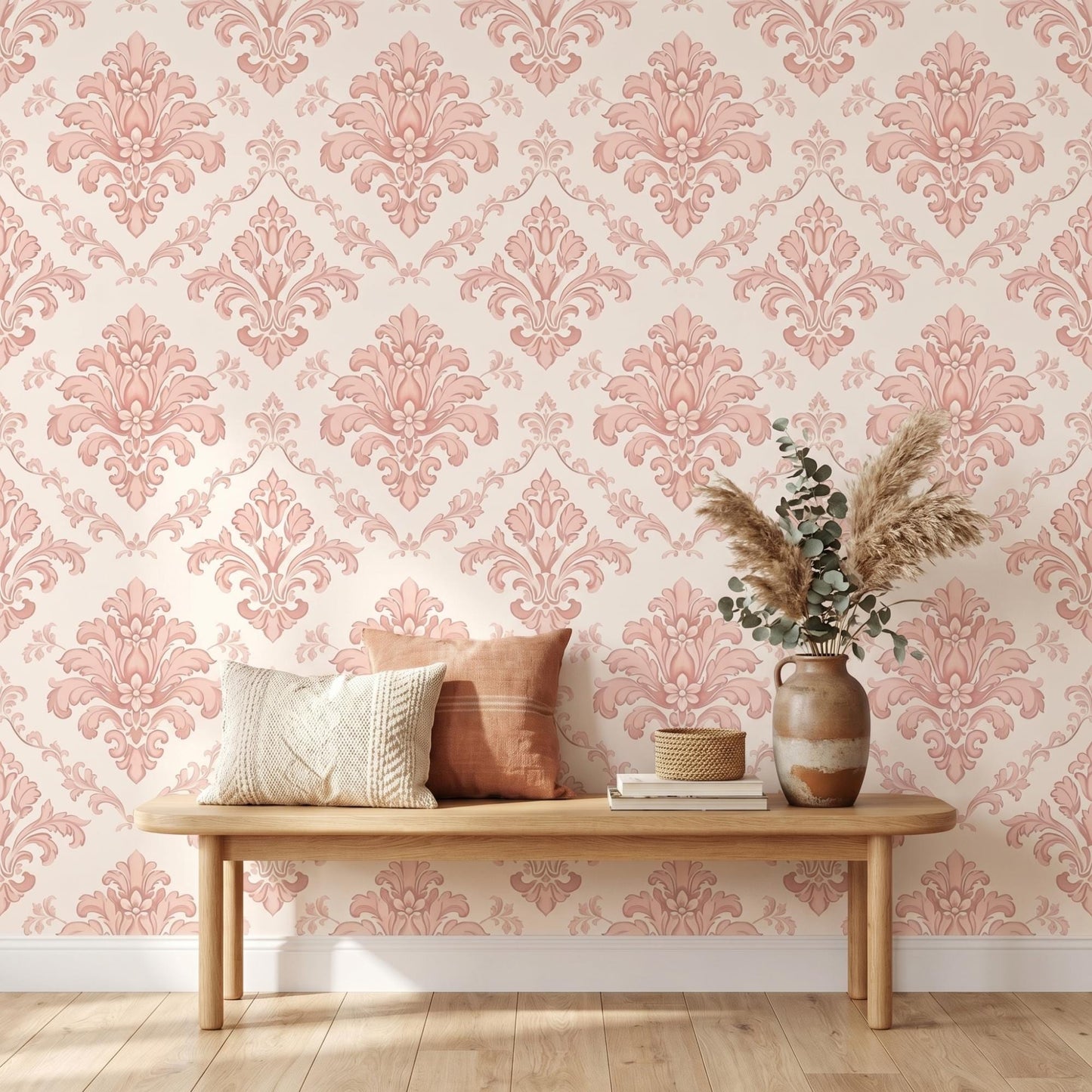 Pink Damask Wallpaper | Victorian Floral French Country Nursery Wall Decor (Peel and Stick)-WP0018