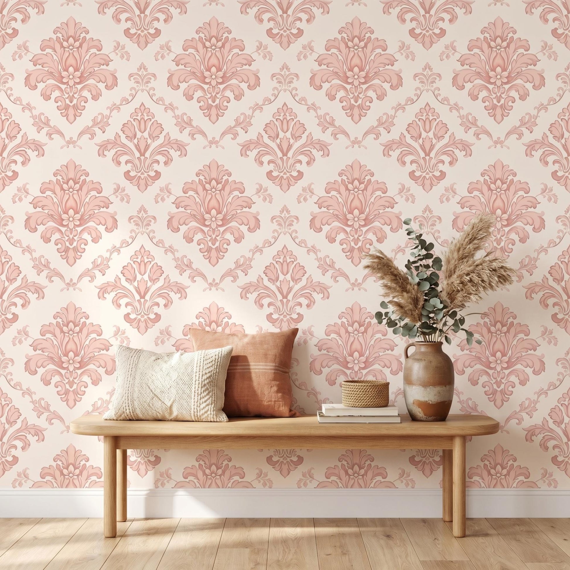 Pink Damask Wallpaper | Victorian Floral French Country Nursery Wall Decor (Peel and Stick)-WP0018