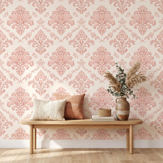 Pink Damask Wallpaper | Victorian Floral French Country Nursery Wall Decor (Peel and Stick)-WP0018