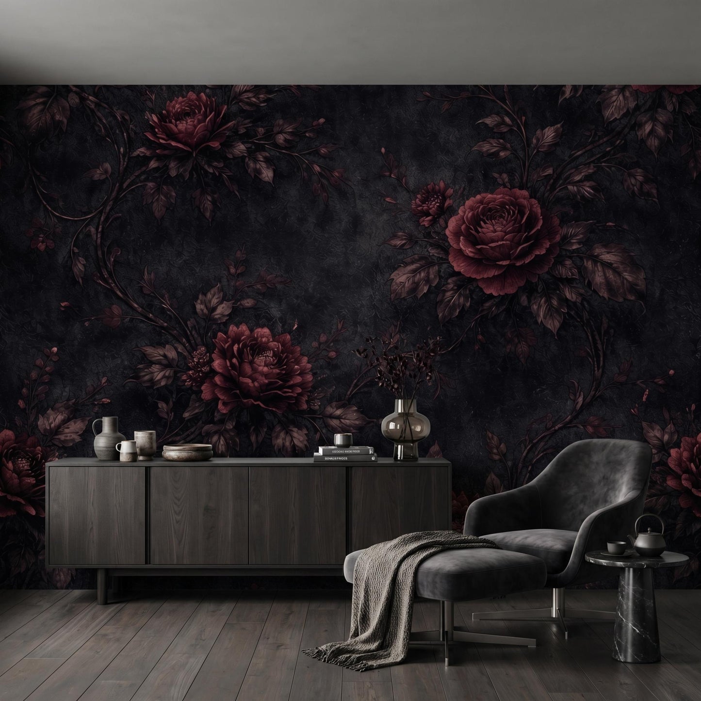 Dark Floral Wallpaper – Gothic Victorian Rose Mural, Dark Academia Removable Wall Art-WP0044