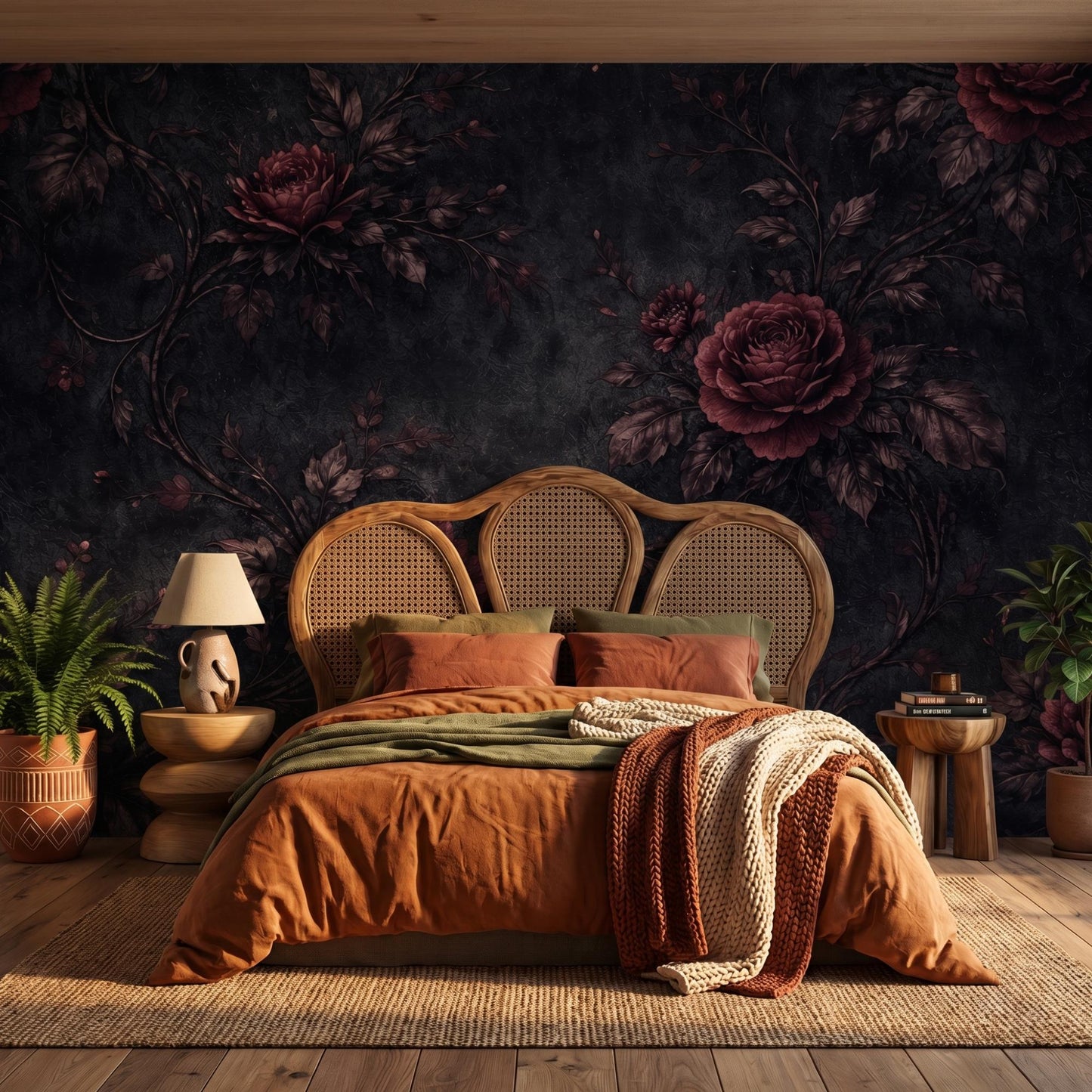 Dark Floral Wallpaper – Gothic Victorian Rose Mural, Dark Academia Removable Wall Art-WP0044