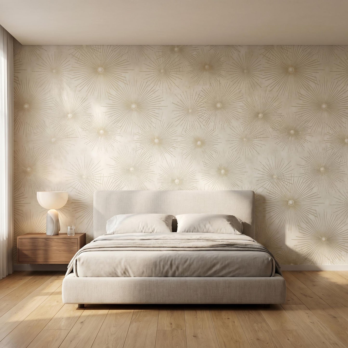 Mid Century Modern Sunburst Wallpaper, Neutral Beige Gold Peel Stick Wall Mural-WP0017