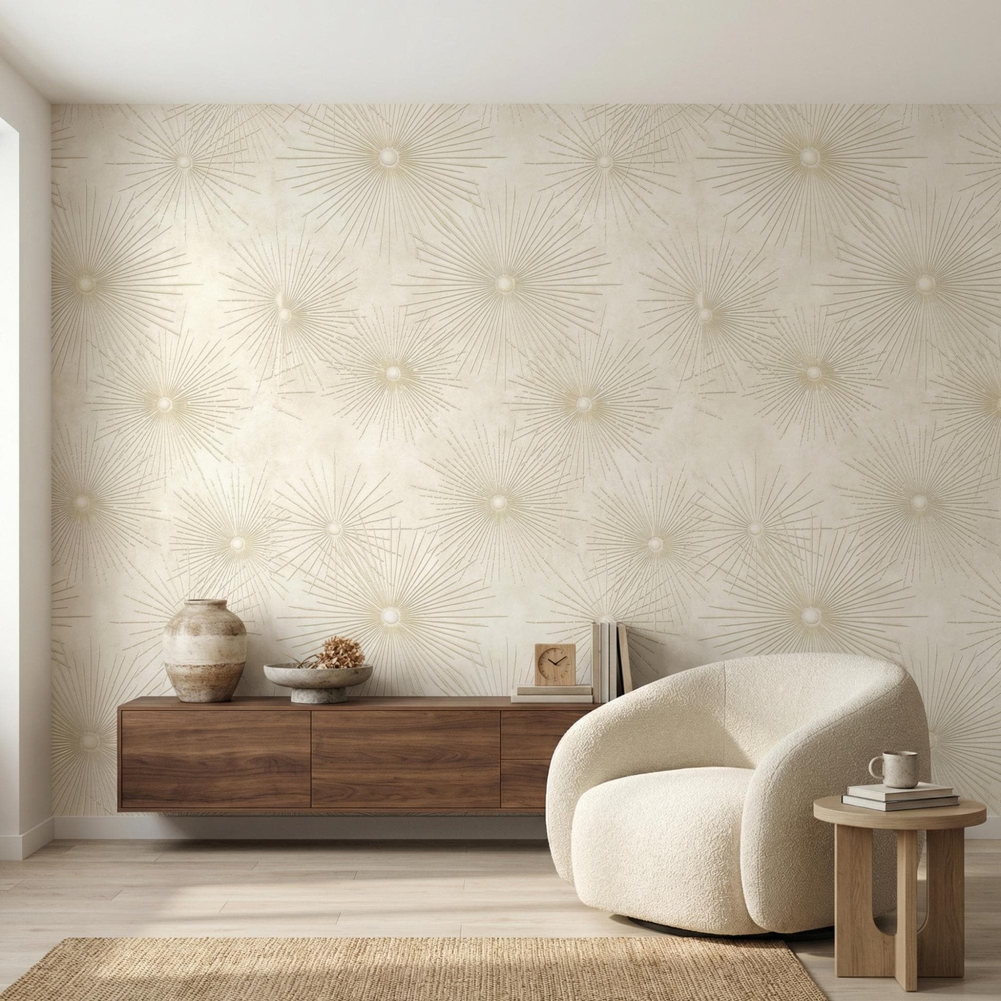 Mid Century Modern Sunburst Wallpaper, Neutral Beige Gold Peel Stick Wall Mural-WP0017