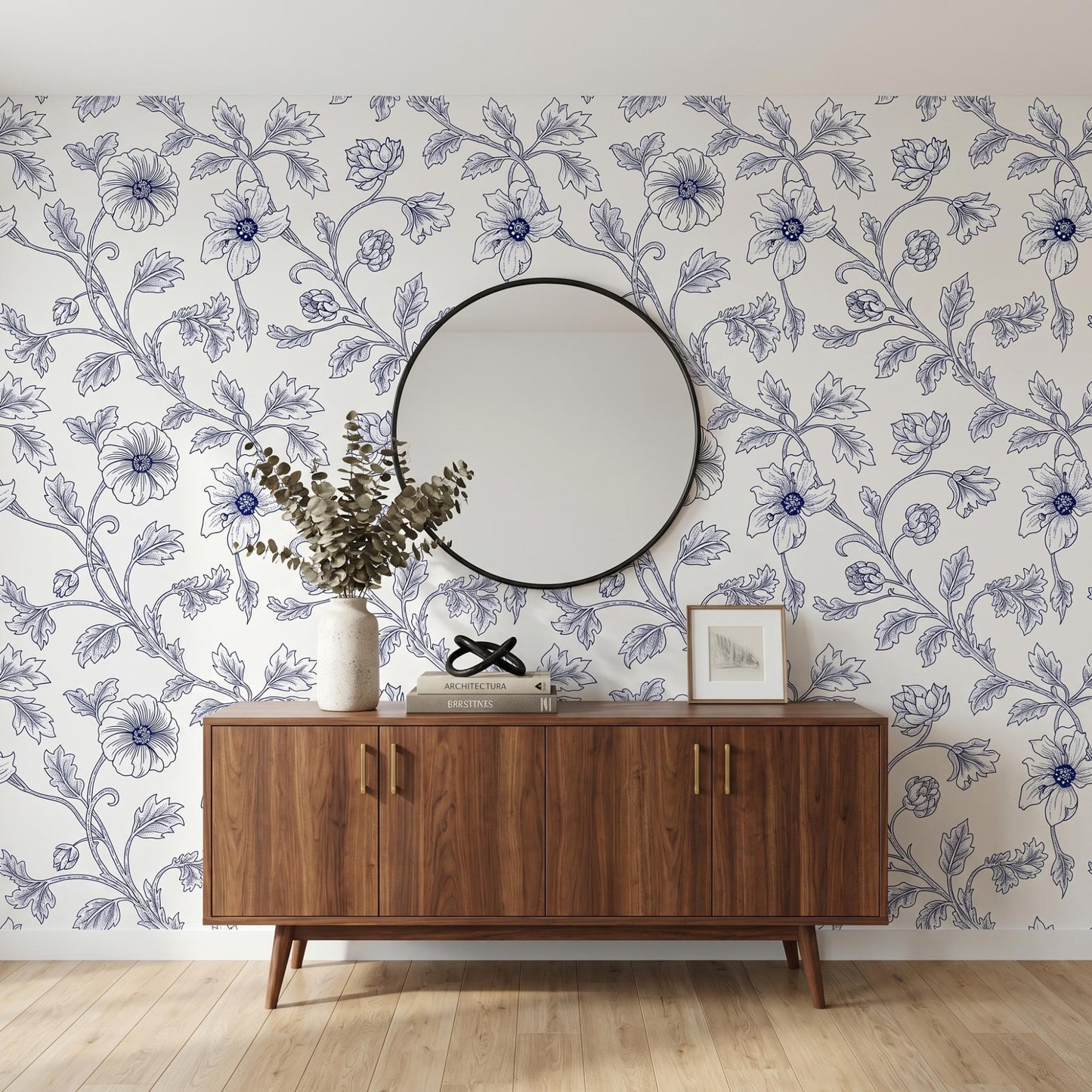 Blue Floral Toile Wallpaper, Chinoiserie Botanical Peel and Stick Wall Mural-WP0015