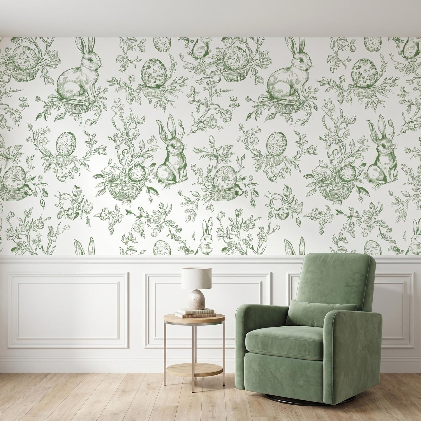 Sage Green Bunny Toile Wallpaper, Rabbit Peel and Stick, Cottagecore Nursery Wall Decor-WP0013