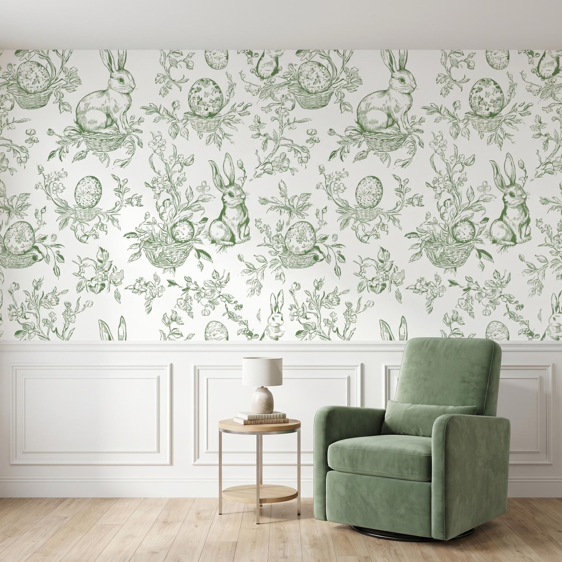 Sage Green Bunny Toile Wallpaper, Rabbit Peel and Stick, Cottagecore Nursery Wall Decor-WP0013
