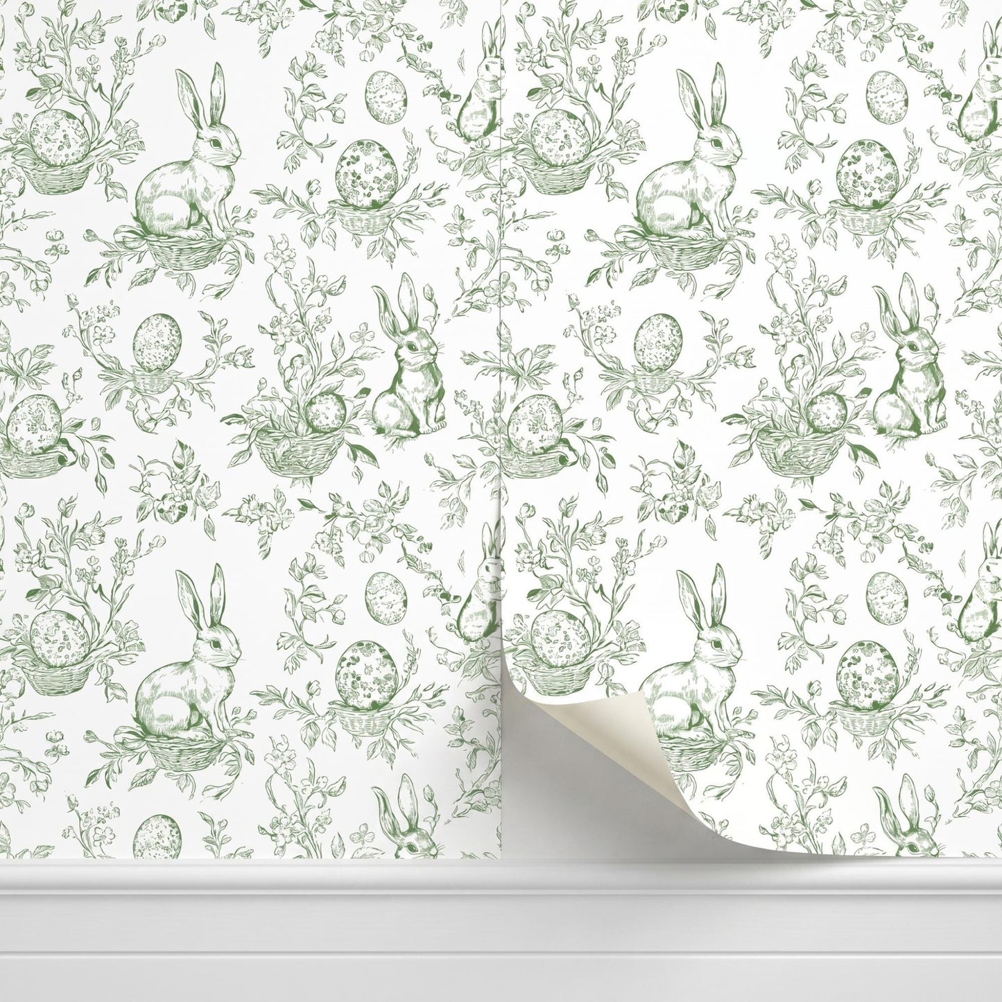 Sage Green Bunny Toile Wallpaper, Rabbit Peel and Stick, Cottagecore Nursery Wall Decor-WP0013