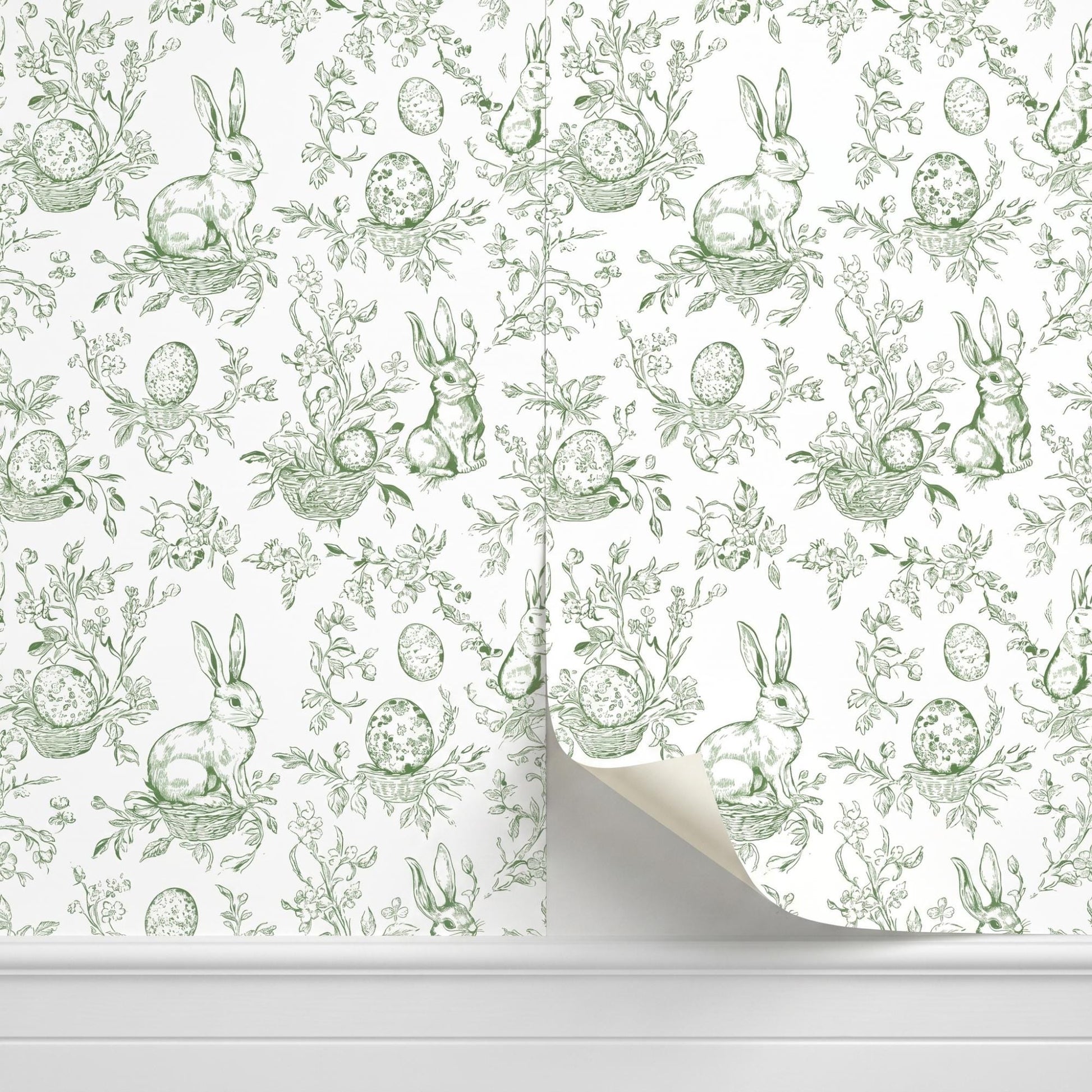 Sage Green Bunny Toile Wallpaper, Rabbit Peel and Stick, Cottagecore Nursery Wall Decor-WP0013