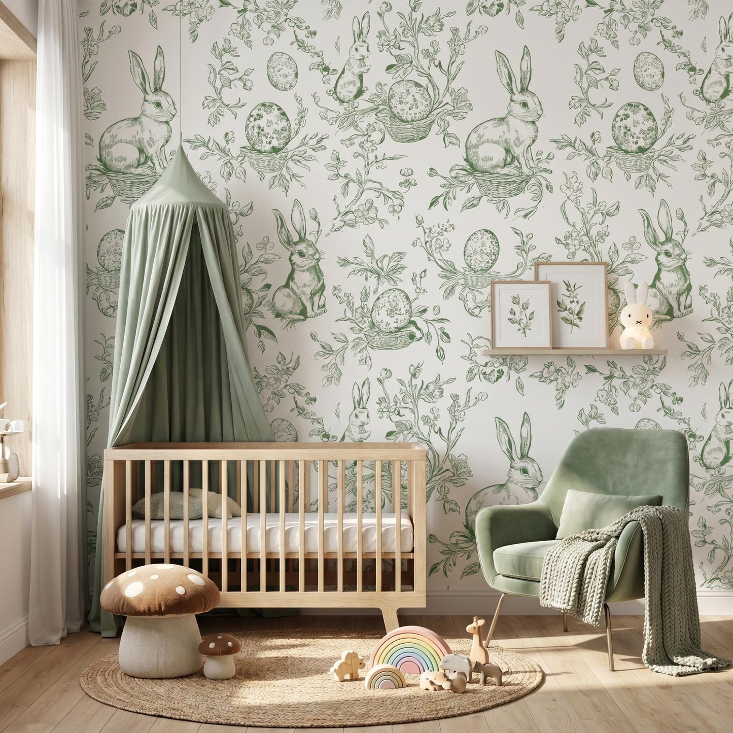 Sage Green Bunny Toile Wallpaper, Rabbit Peel and Stick, Cottagecore Nursery Wall Decor-WP0013
