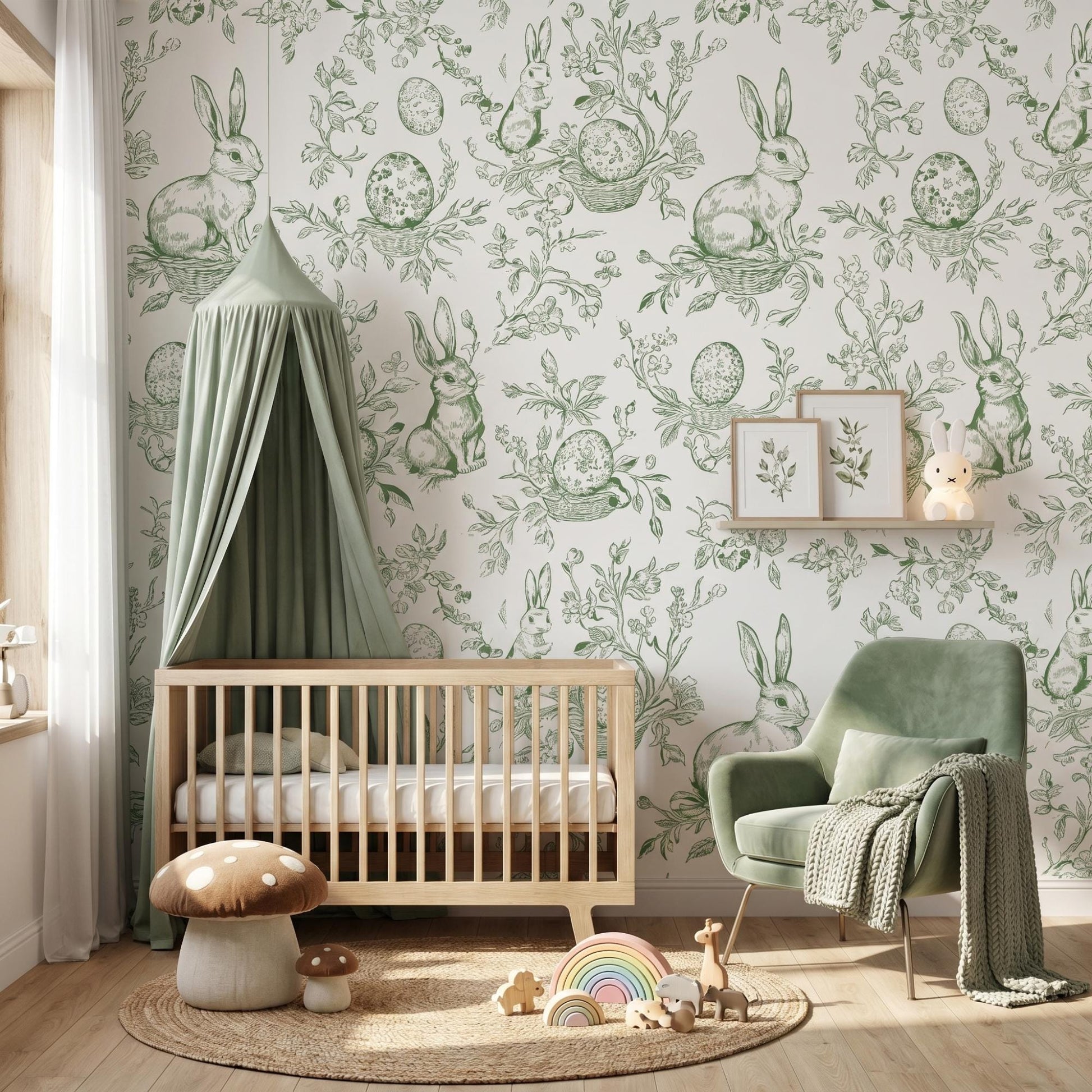 Sage Green Bunny Toile Wallpaper, Rabbit Peel and Stick, Cottagecore Nursery Wall Decor-WP0013