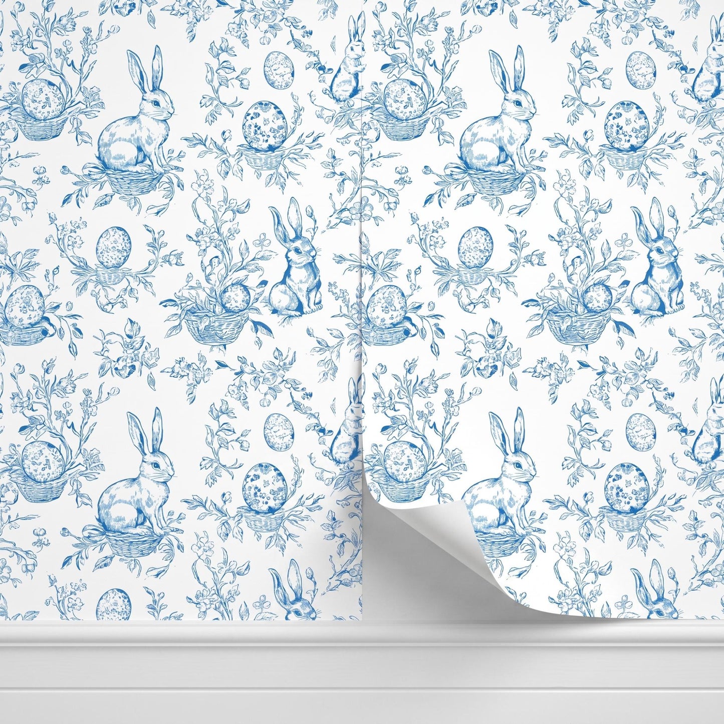 Blue Bunny Toile Wallpaper, Rabbit Peel and Stick, French Country Nursery Wall Decor-WP0012