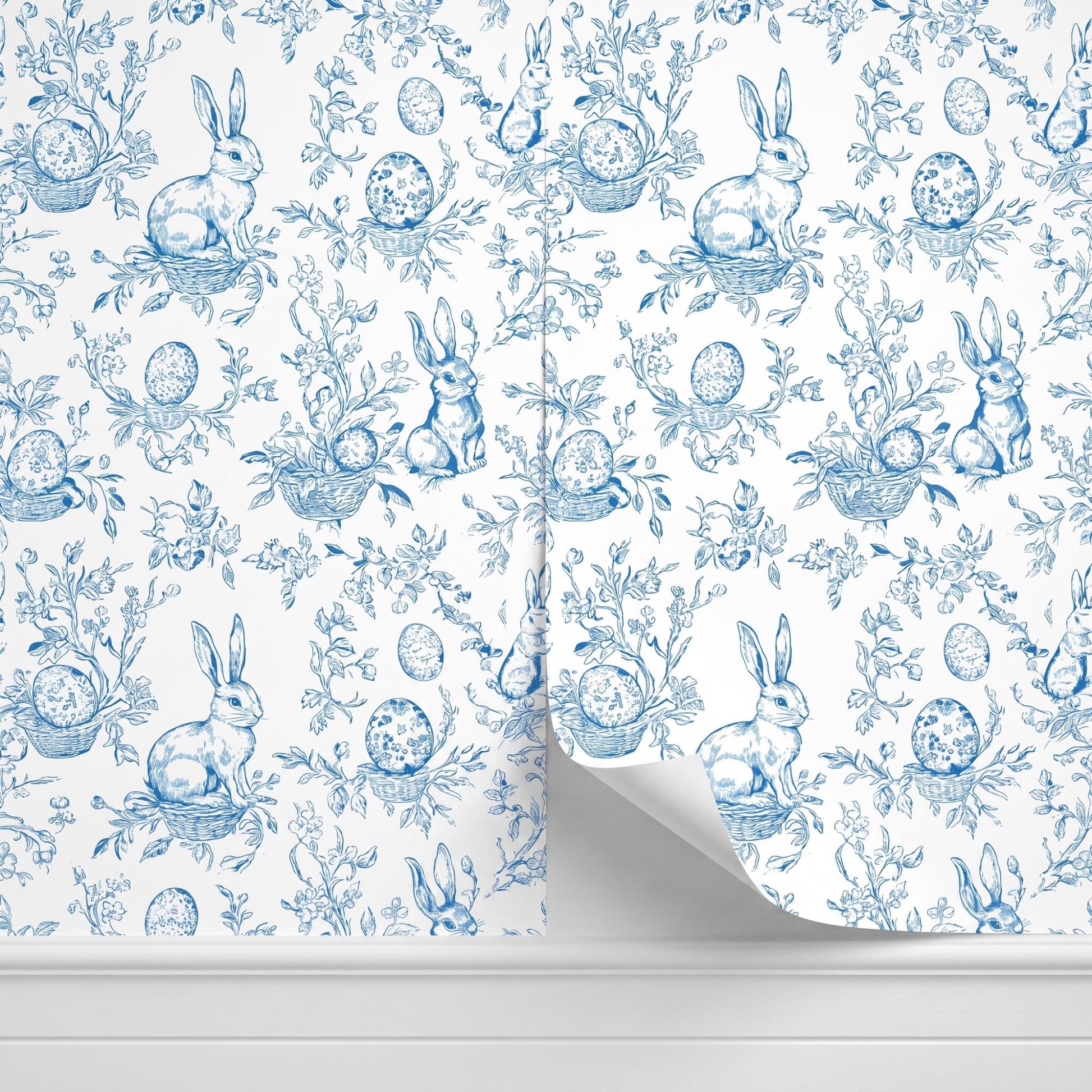 Blue Bunny Toile Wallpaper, Rabbit Peel and Stick, French Country Nursery Wall Decor-WP0012