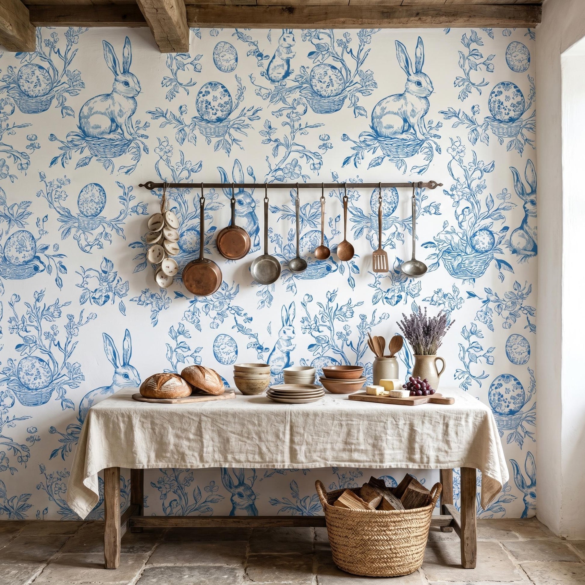 Blue Bunny Toile Wallpaper, Rabbit Peel and Stick, French Country Nursery Wall Decor-WP0012