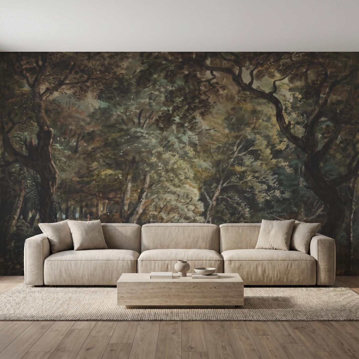 Moody Forest Wallpaper | Dark Woodland Mural | Vintage Nature Peel and Stick | Dark Academia Decor-WP0009