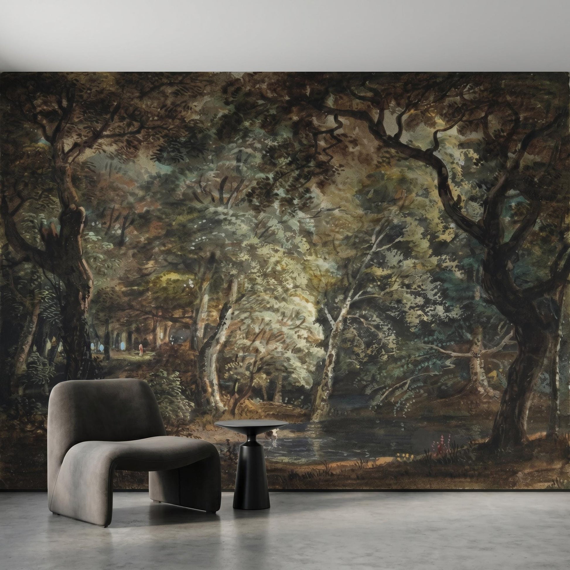 Moody Forest Wallpaper | Dark Woodland Mural | Vintage Nature Peel and Stick | Dark Academia Decor-WP0009