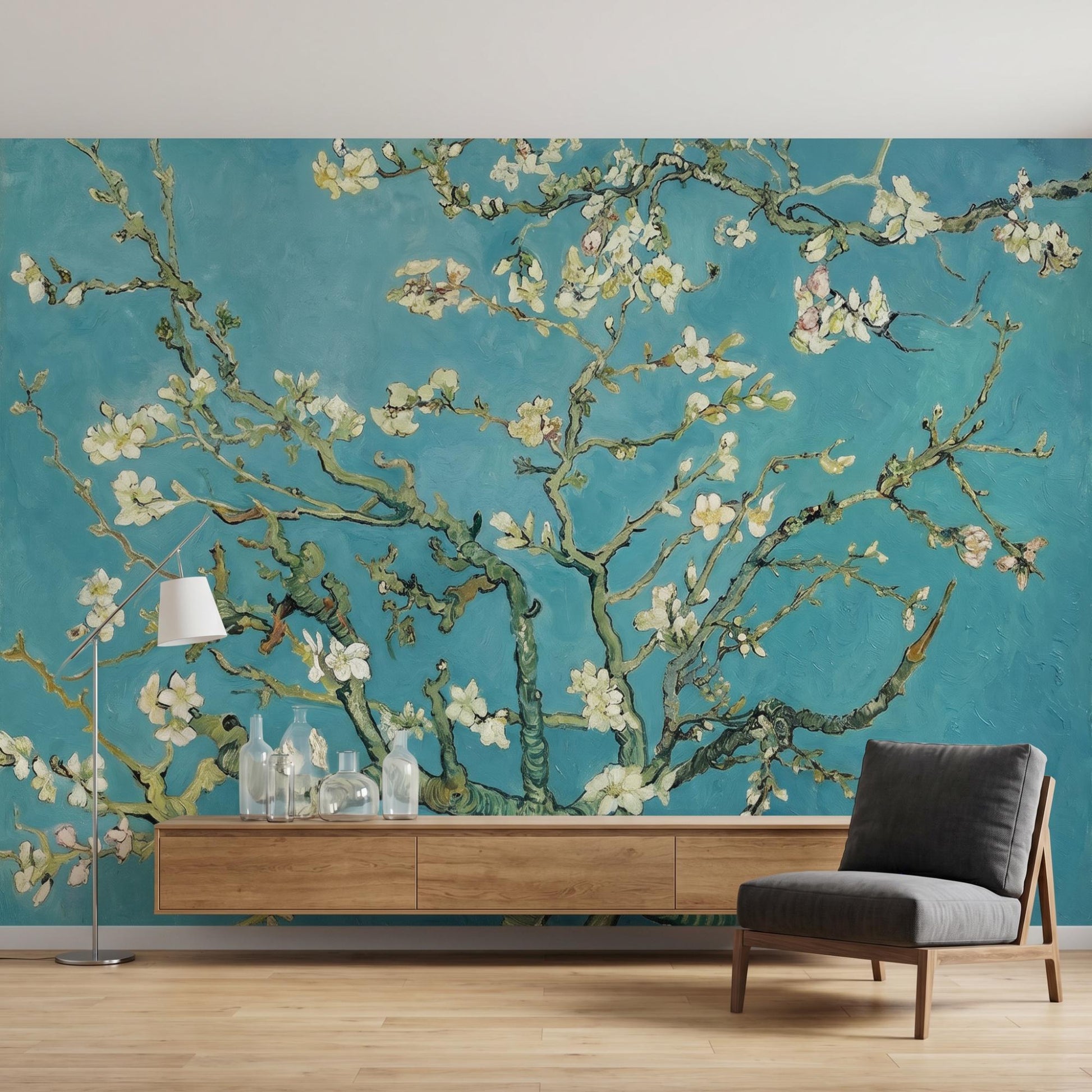 Almond Blossom Wallpaper – Teal Floral Wall Mural – Peel and Stick Fine Art Decor-WP0006
