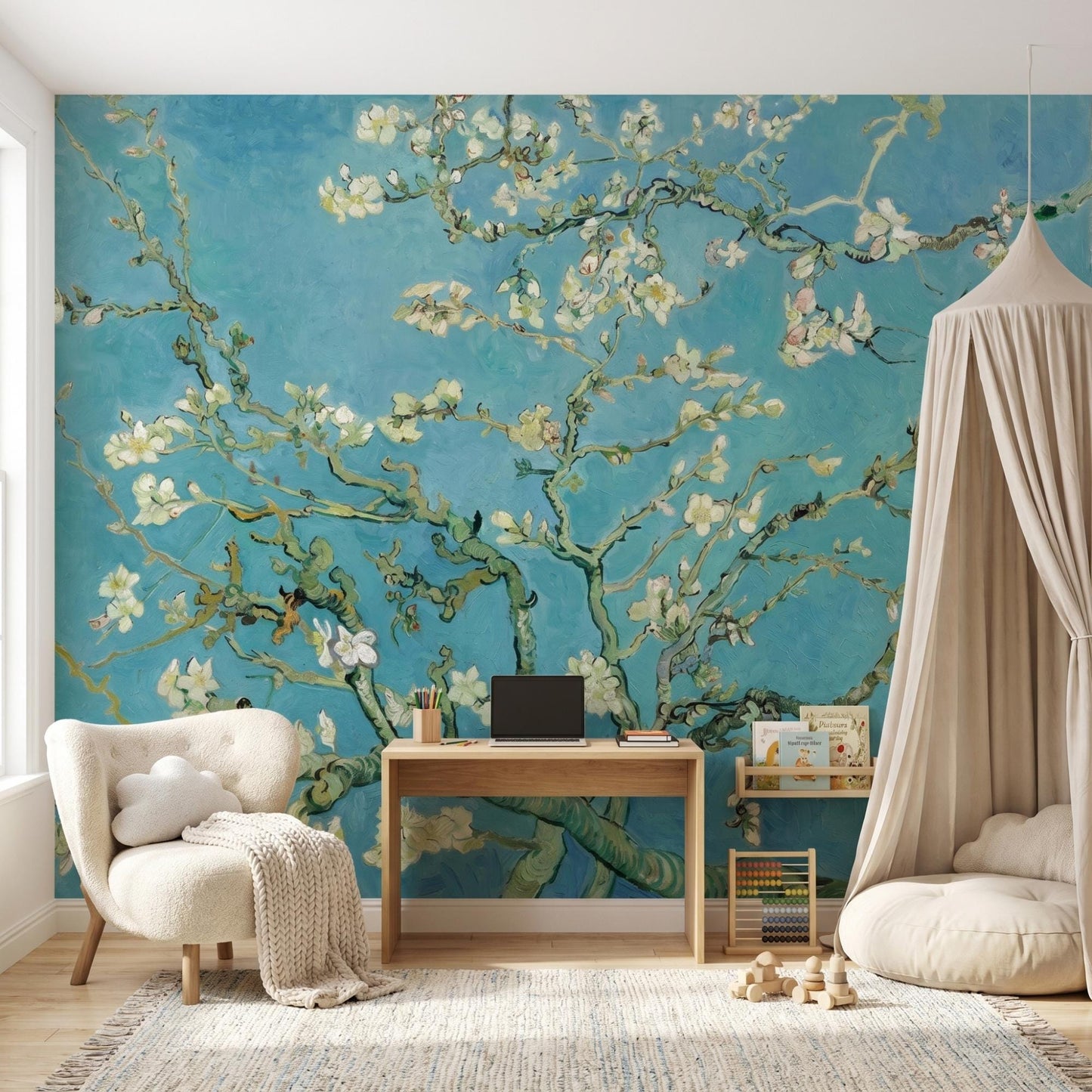 Almond Blossom Wallpaper – Teal Floral Wall Mural – Peel and Stick Fine Art Decor-WP0006