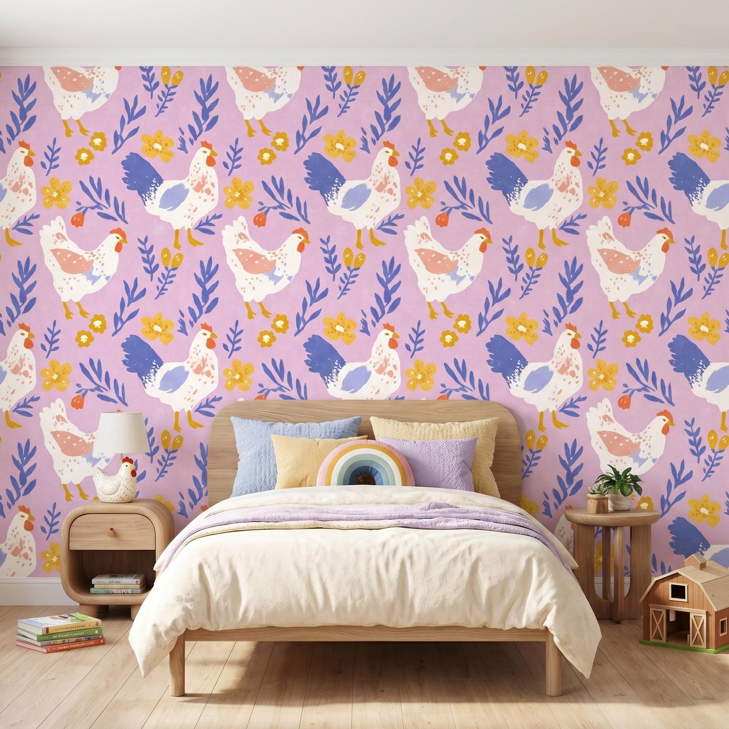 Pink Chicken Wallpaper | Whimsical Farmhouse Peel Stick Mural (Nursery Decor)-WP0004
