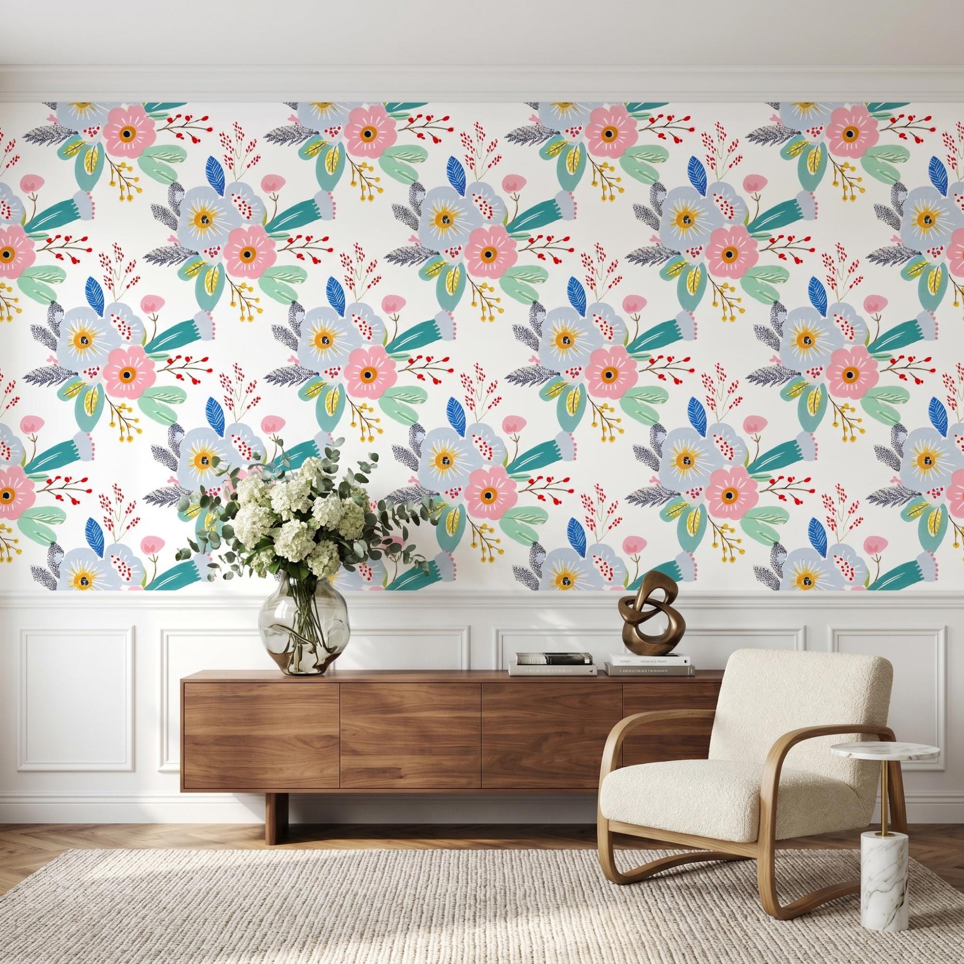 Mid Century Modern Floral Wallpaper | Colorful Botanical Peel and Stick Wall Mural (Nursery Decor)-WP0003