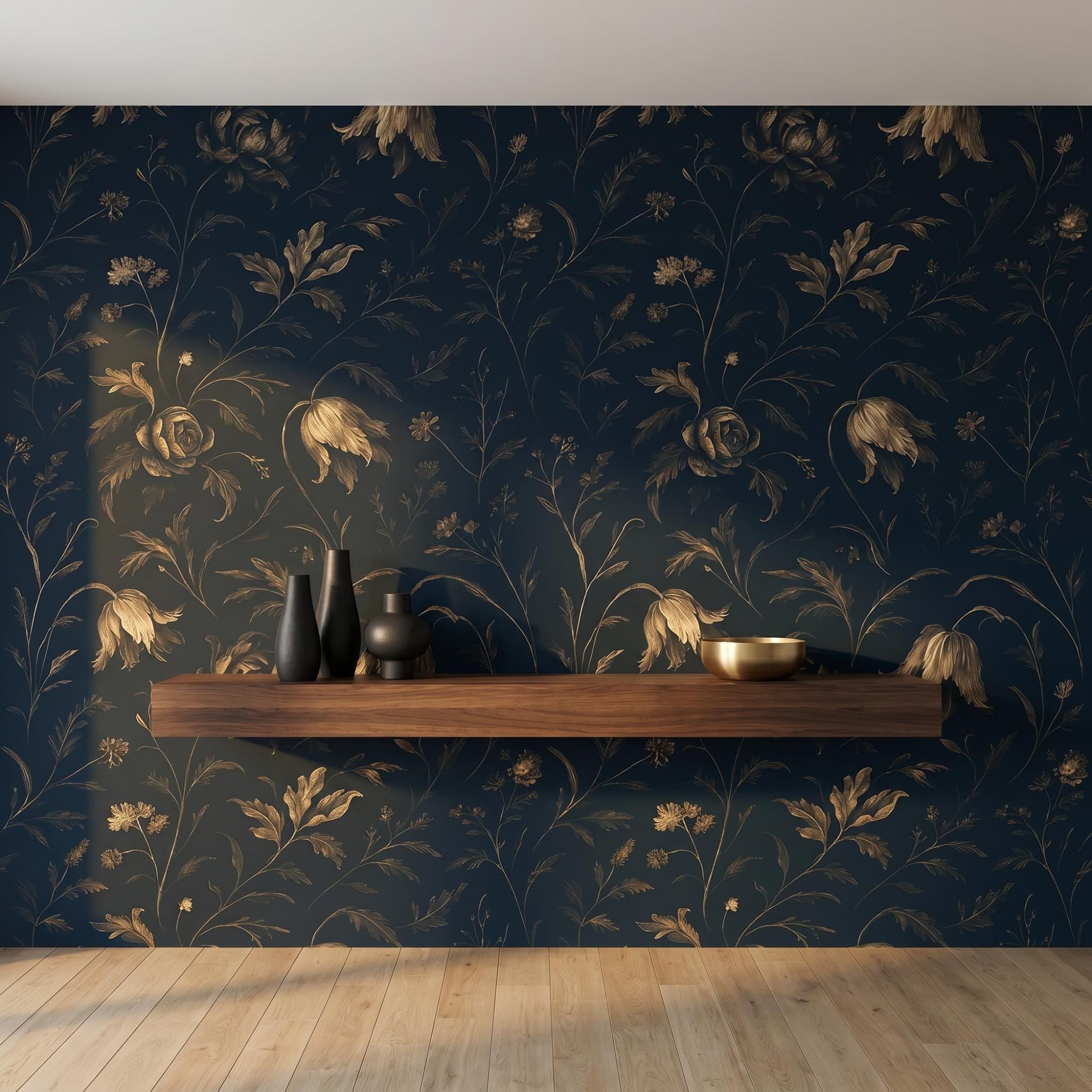 Navy Gold Floral Wallpaper | Dark Botanical Peel and Stick Wall Mural-WP0021