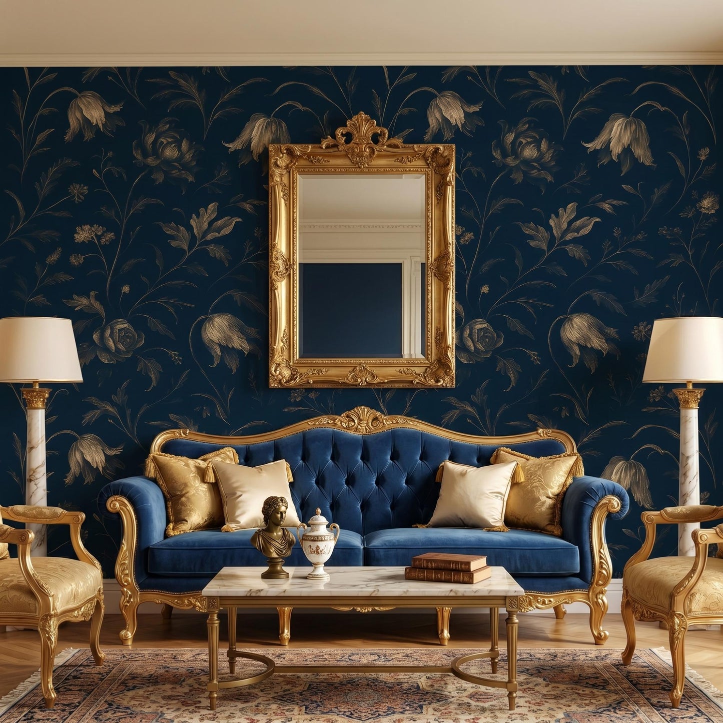 Navy Gold Floral Wallpaper | Dark Botanical Peel and Stick Wall Mural-WP0021