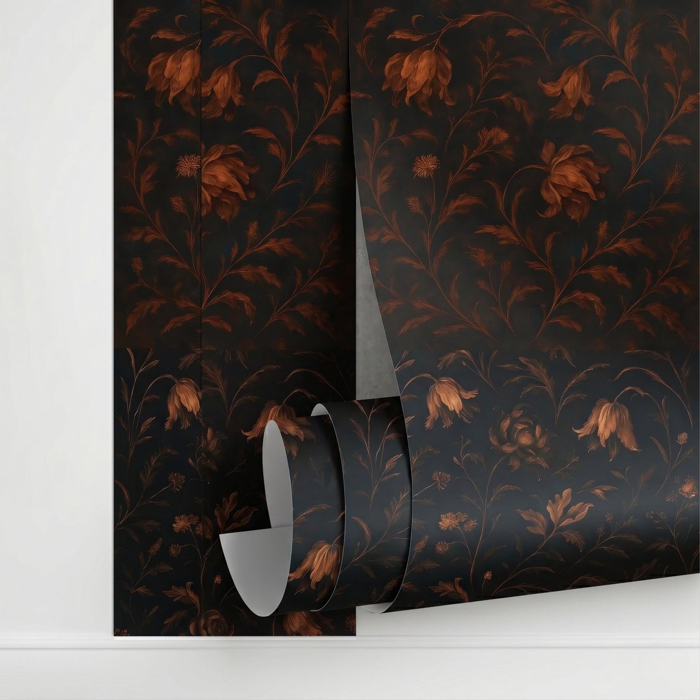 Moody Dark Floral Wallpaper - Vintage Rust Botanical Mural-WP0022