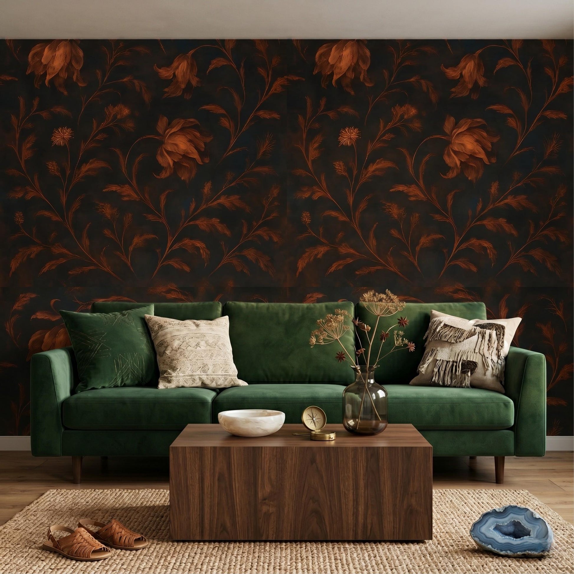 Moody Dark Floral Wallpaper - Vintage Rust Botanical Mural-WP0022
