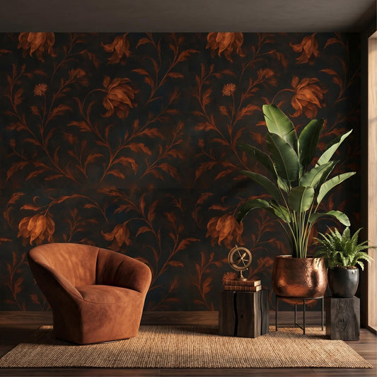 Moody Dark Floral Wallpaper - Vintage Rust Botanical Mural-WP0022