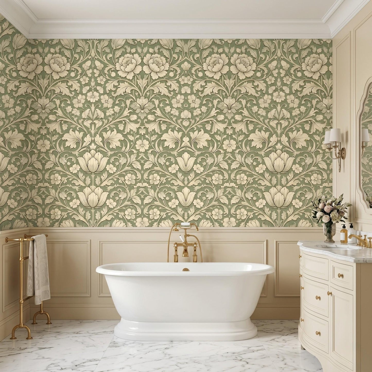 Sage Green William Morris Style Floral Wallpaper, Art Nouveau Botanical Wall Mural-WP0024