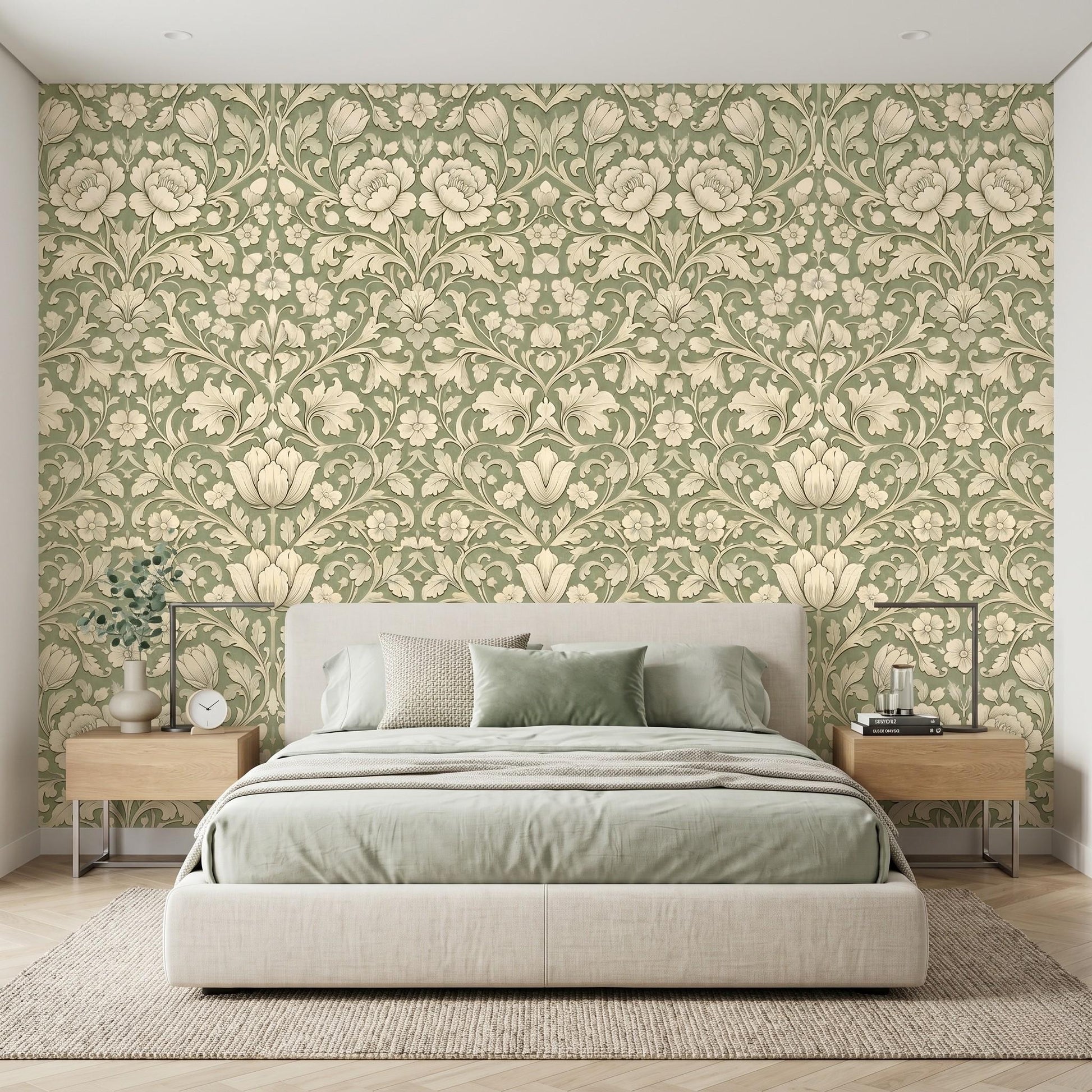 Sage Green William Morris Style Floral Wallpaper, Art Nouveau Botanical Wall Mural-WP0024