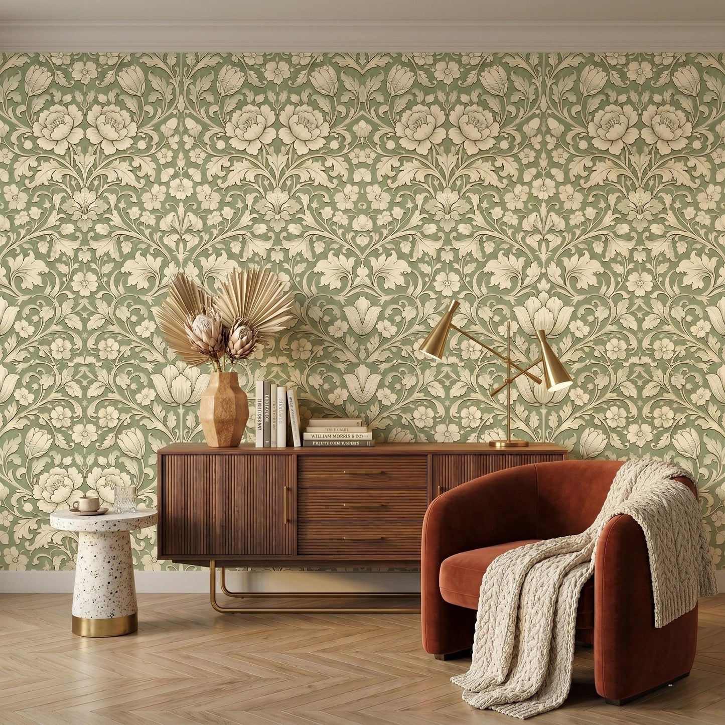 Sage Green William Morris Style Floral Wallpaper, Art Nouveau Botanical Wall Mural-WP0024