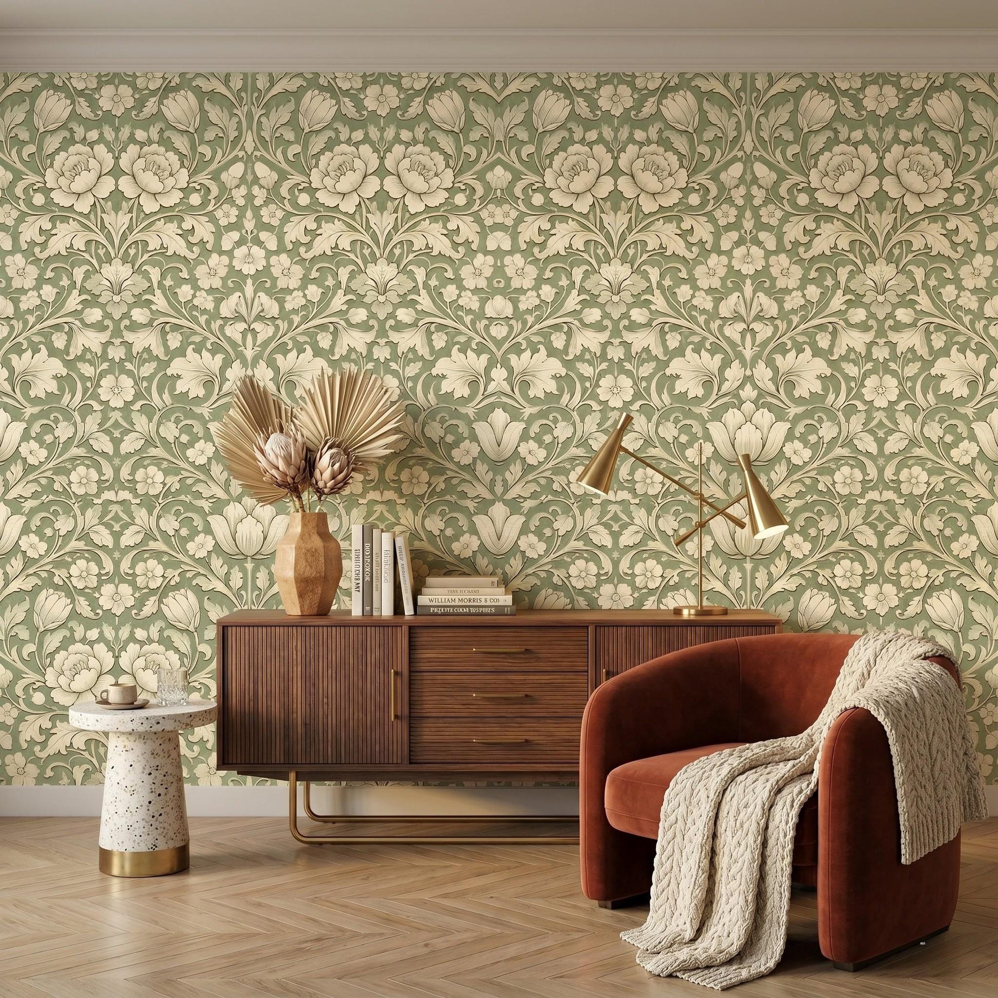 Sage Green William Morris Style Floral Wallpaper, Art Nouveau Botanical Wall Mural-WP0024