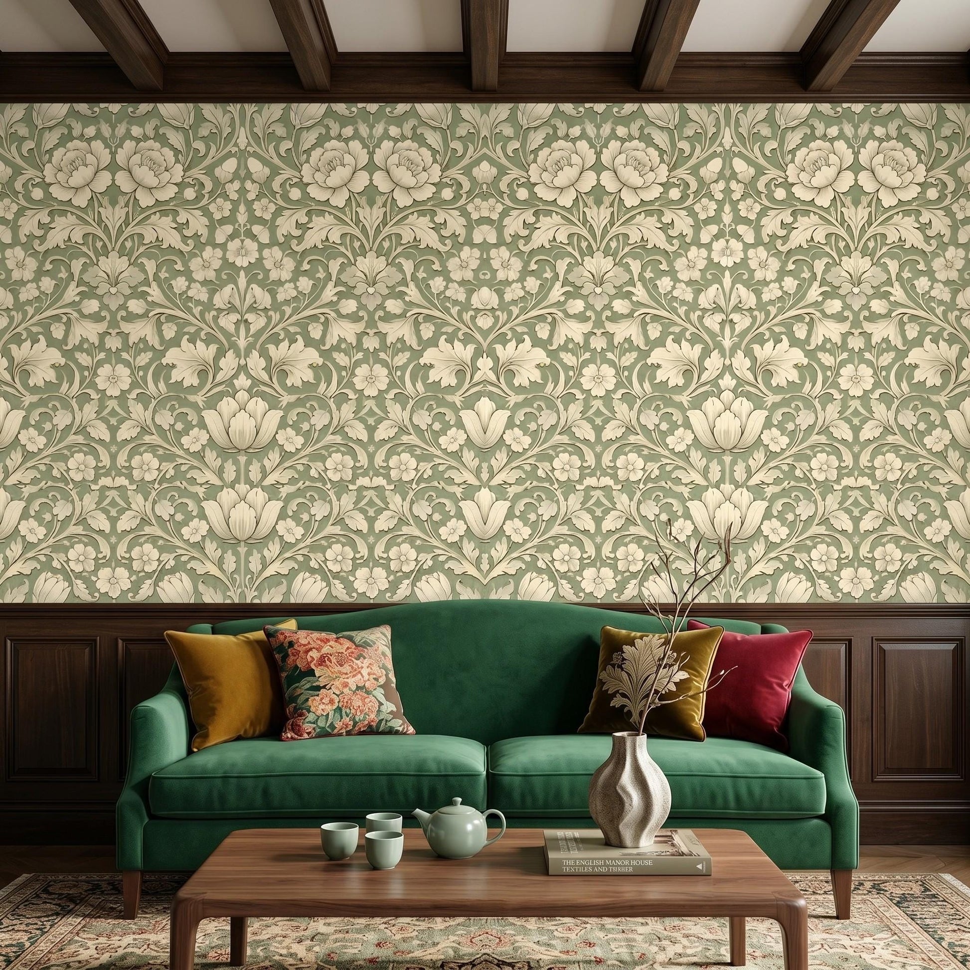Sage Green William Morris Style Floral Wallpaper, Art Nouveau Botanical Wall Mural-WP0024