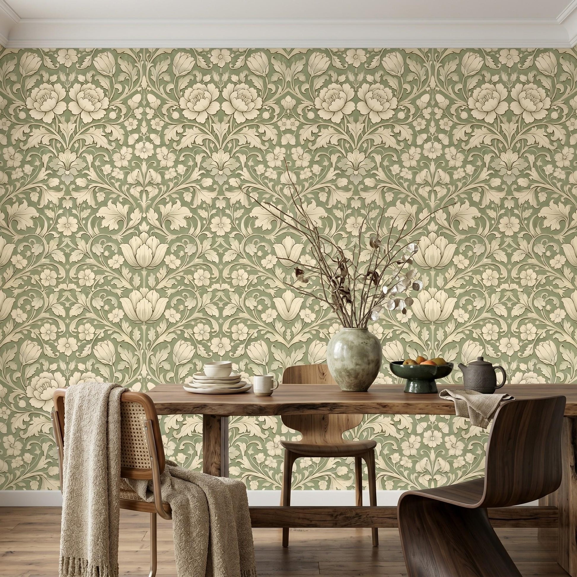 Sage Green William Morris Style Floral Wallpaper, Art Nouveau Botanical Wall Mural-WP0024
