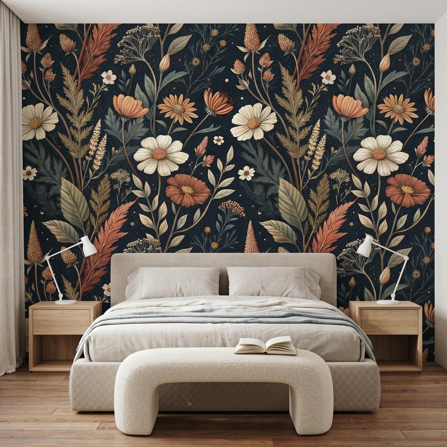 Dark Navy William Morris Style Floral Wallpaper | Moody Botanical Wall Mural (Peel & Stick)-WP0026