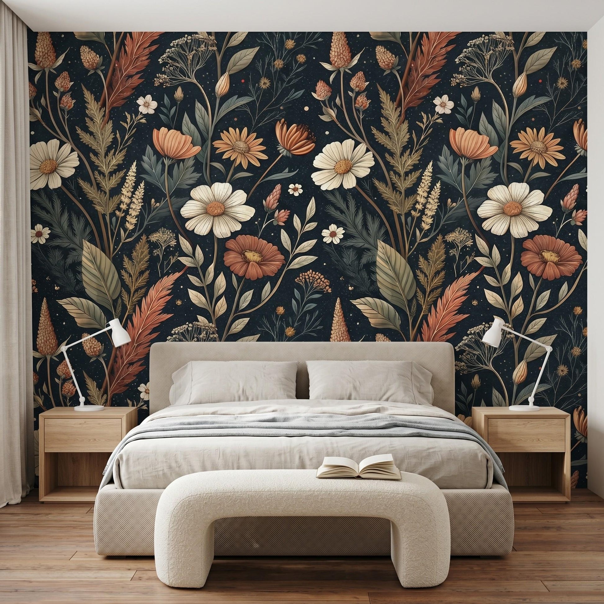 Dark Navy William Morris Style Floral Wallpaper | Moody Botanical Wall Mural (Peel & Stick)-WP0026