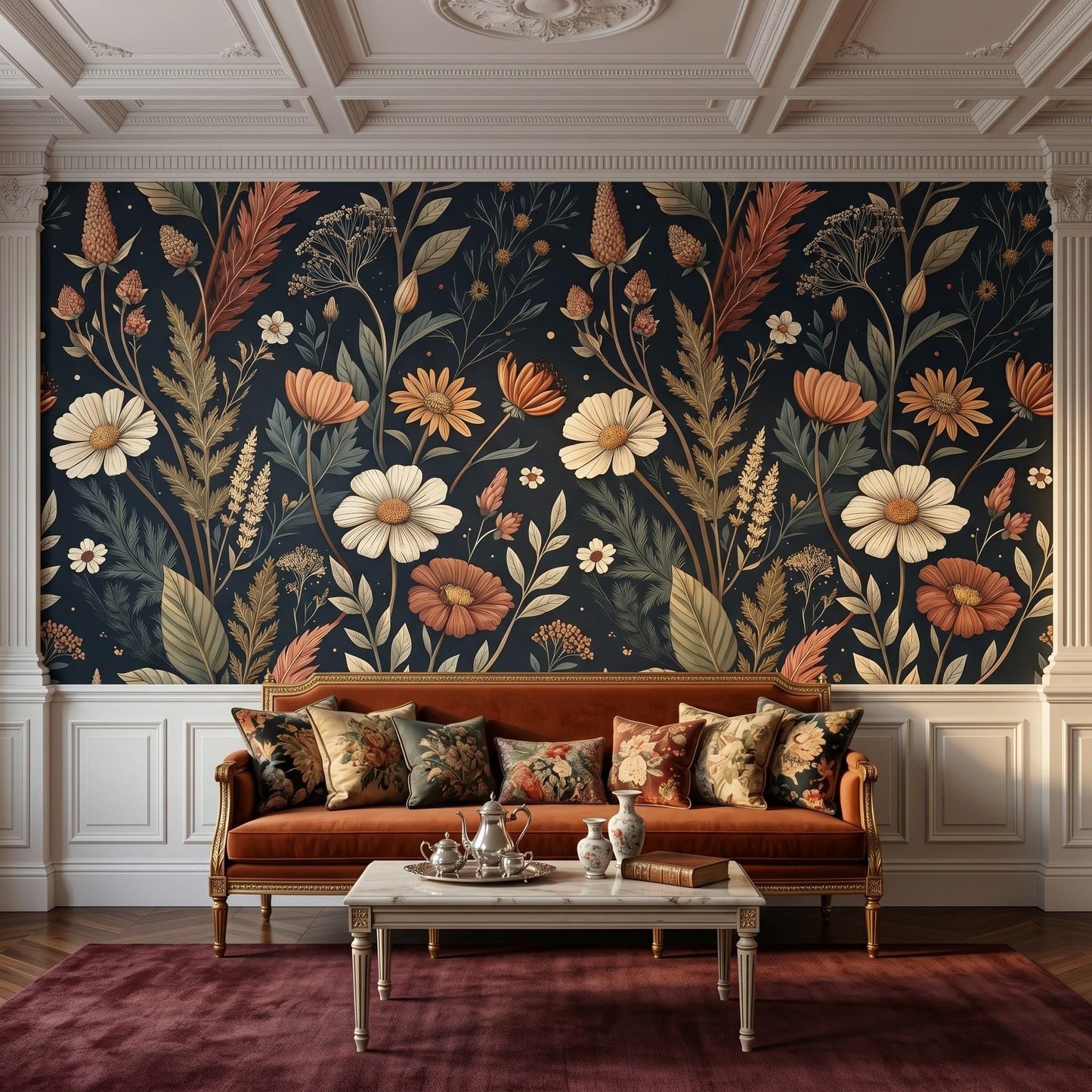 Dark Navy William Morris Style Floral Wallpaper | Moody Botanical Wall Mural (Peel & Stick)-WP0026