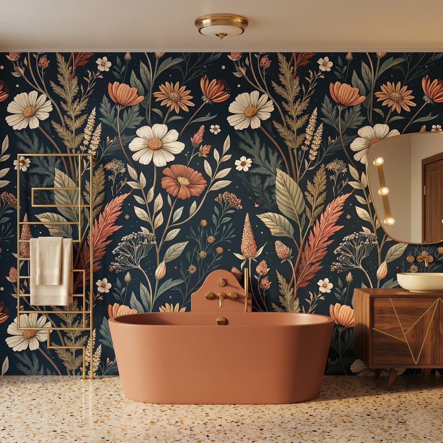 Dark Navy William Morris Style Floral Wallpaper | Moody Botanical Wall Mural (Peel & Stick)-WP0026