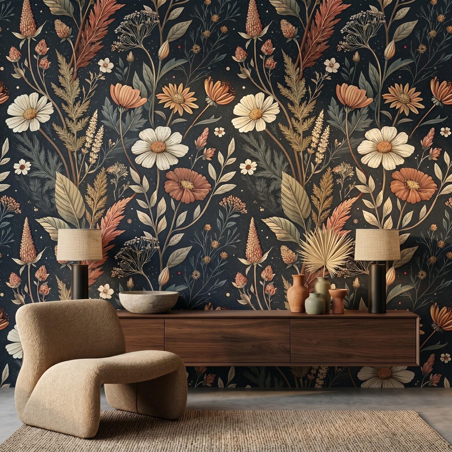 Dark Navy William Morris Style Floral Wallpaper | Moody Botanical Wall Mural (Peel & Stick)-WP0026