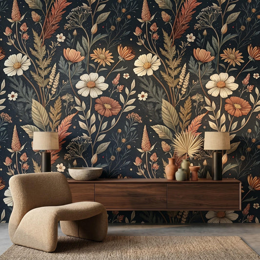 Dark Navy William Morris Style Floral Wallpaper | Moody Botanical Wall Mural (Peel & Stick)-WP0026