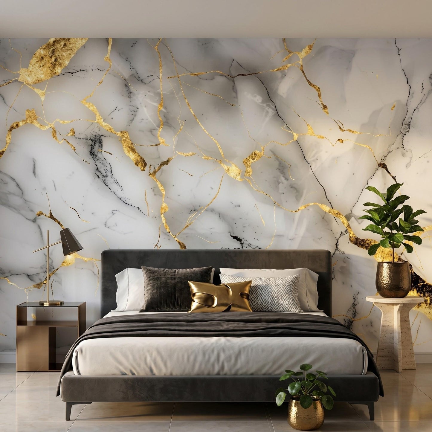 White Gold Marble Wallpaper Mural – Abstract Minimalist Wall Decor (Peel and Stick)-WP0027