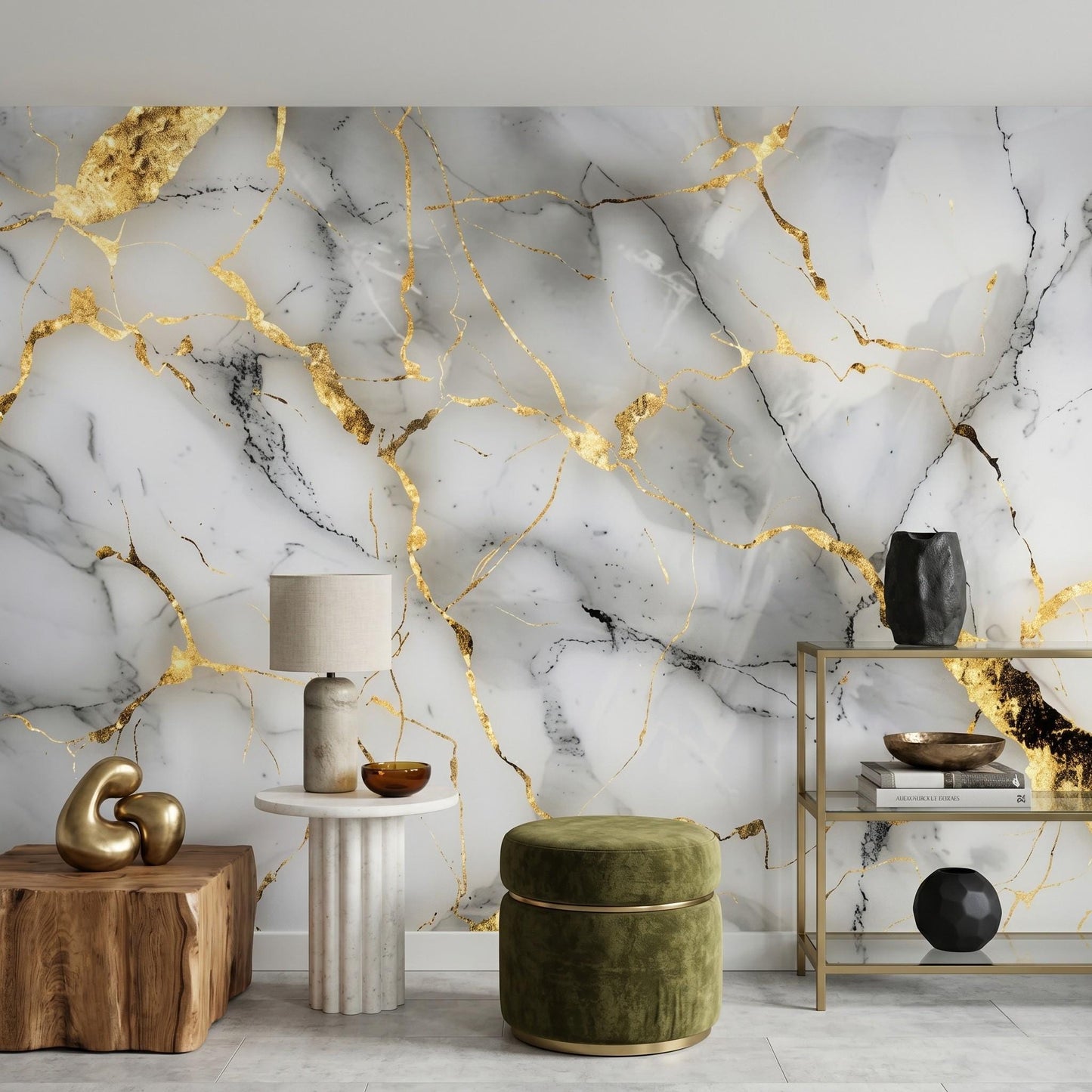 White Gold Marble Wallpaper Mural – Abstract Minimalist Wall Decor (Peel and Stick)-WP0027