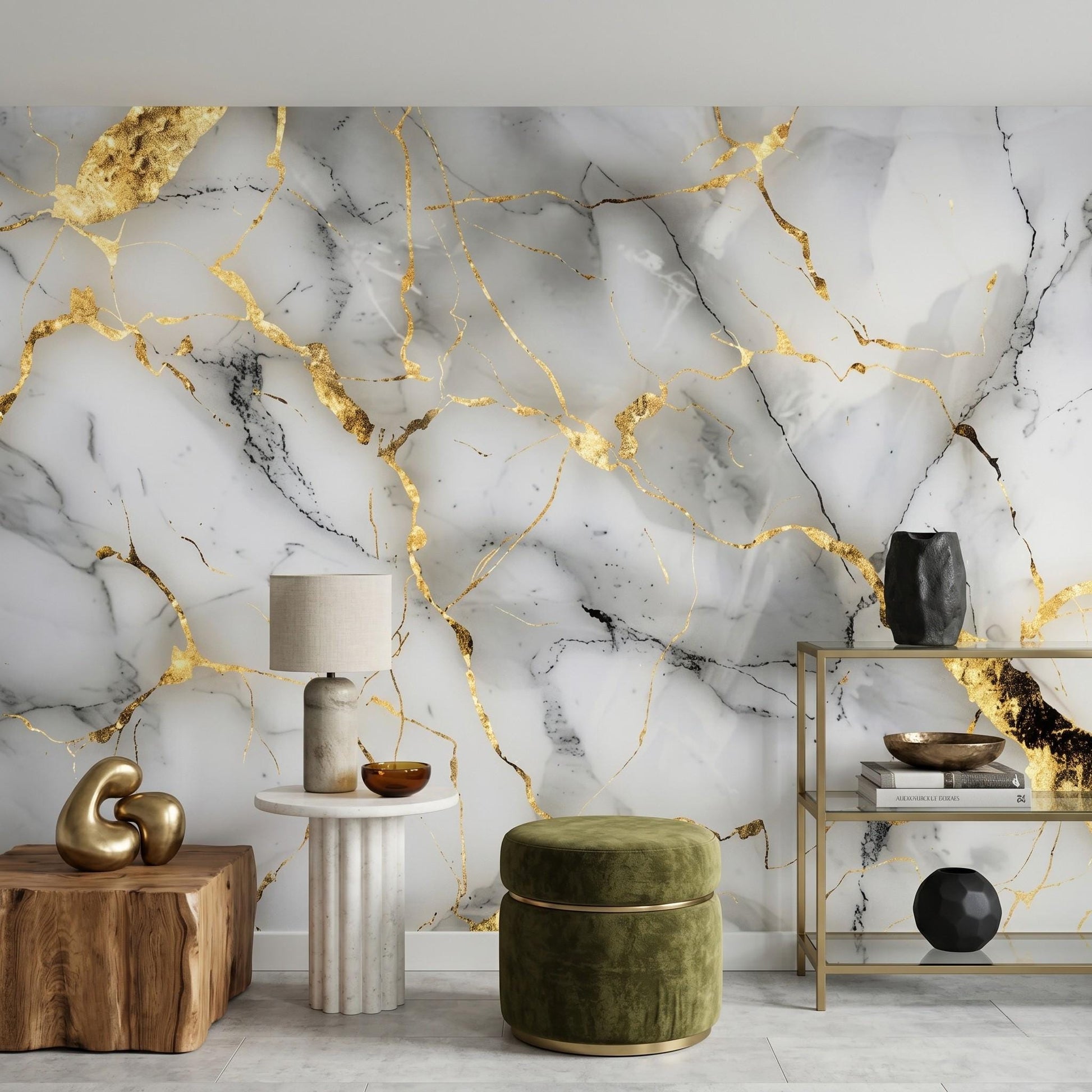 White Gold Marble Wallpaper Mural – Abstract Minimalist Wall Decor (Peel and Stick)-WP0027