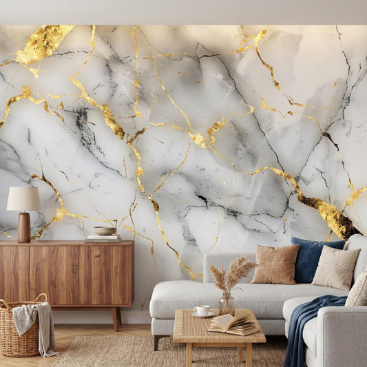 White Gold Marble Wallpaper Mural – Abstract Minimalist Wall Decor (Peel and Stick)-WP0027
