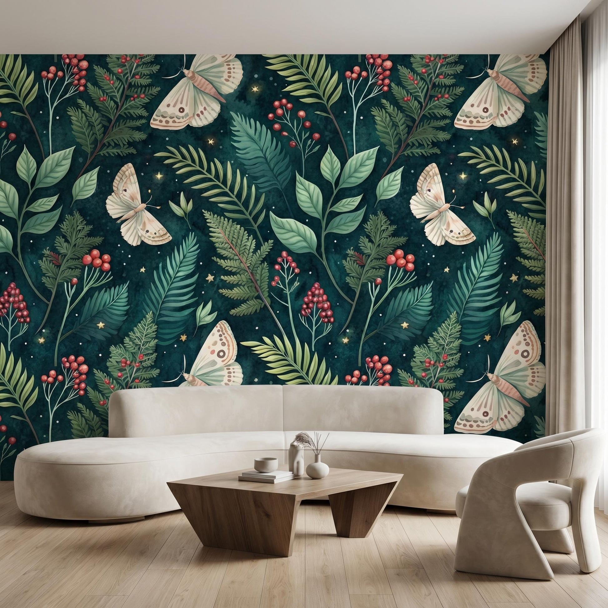 Emerald Green Moth Wallpaper, Dark Academia Fern Mural, Celestial Forest Decor (Peel and Stick)-WP0029