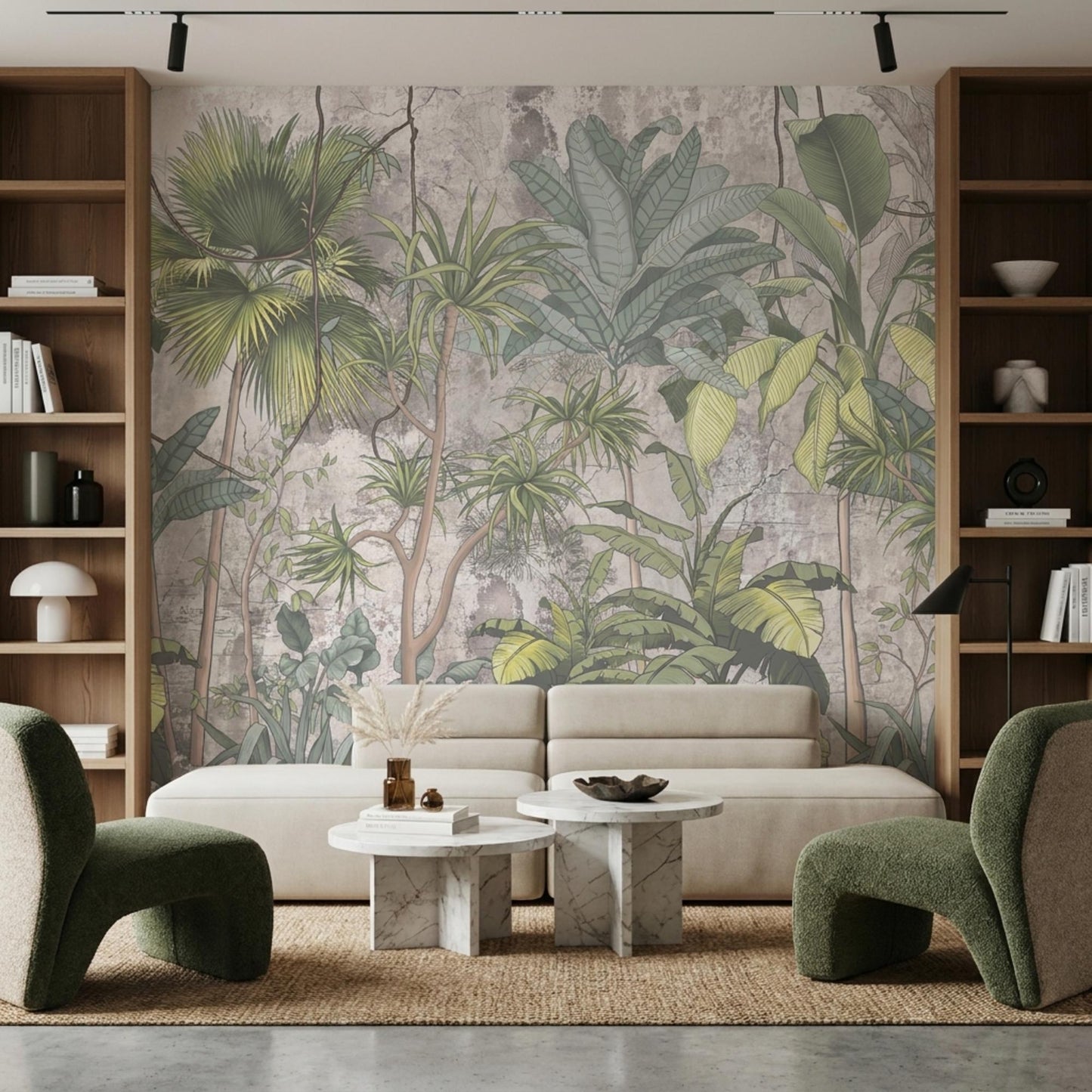 Muted Green Vintage Botanical Jungle Mural, Tropical Palm Leaf Accent Wall (Peel and Stick)-WP0032